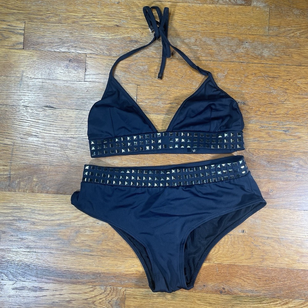 Vintage Gucci Studded High Waisted Swim Suit Size M Black